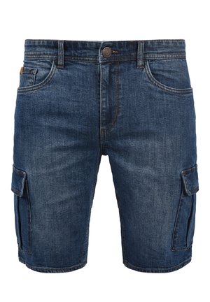 Dunkelblaue Denim-Cargo-Shorts mit geradem Schnitt, Seiten- und Knopfverschluss. Klassisches Fünf-Taschen-Design.