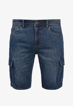 Dunkelblaue Denim-Cargo-Shorts mit geradem Schnitt, Seiten- und Knopfverschluss. Klassisches Fünf-Taschen-Design.