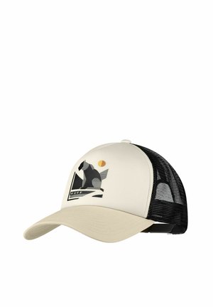 Gorra de camionero beige y negra con un gráfico de un perro sentado, un sol y la palabra "BUFF" en el panel frontal.