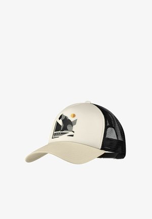 Gorra de camionero beige y negra con un gráfico de un perro sentado, un sol y la palabra "BUFF" en el panel frontal.