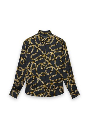 Camicia nera abbottonata con motivo a catena dorata, maniche lunghe e colletto appuntito. Tessuto liscio con una texture leggermente lucida.