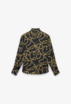 Camicia nera abbottonata con motivo a catena dorata, maniche lunghe e colletto appuntito. Tessuto liscio con una texture leggermente lucida.