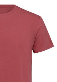 Camiseta de algodón en burdeos apagado con cuello redondo y mangas cortas, con una textura suave y un diseño sencillo.