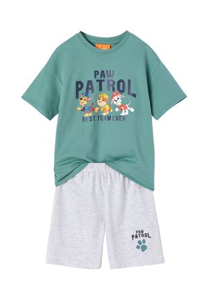Green Paw Patrol t-shirt with three characters and "Best Team Ever" text, paired with light gray shorts featuring Paw Patrol logo and paw print.