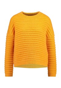 Maglione giallo lavorato a maglia con un motivo texturizzato a righe orizzontali, scollatura rotonda e vestibilità leggermente cropped. Maniche lunghe con finitura a costine.