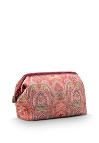 Rectangular fabric pouch with pink, red, and green floral paisley pattern and maroon striped zipper closure on white background.