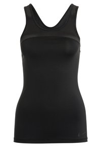 Débardeur noir sans manches en tissu lisse, avec un panneau en maille au niveau du col et un logo Nike discret à l'ourlet.