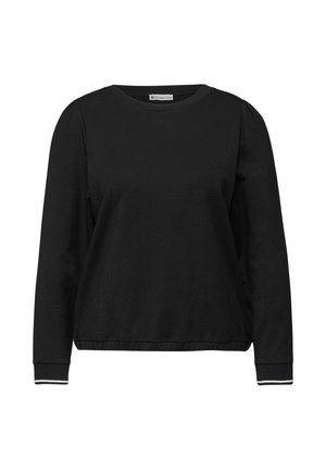 Schwarzes Sweatshirt mit langen Ärmeln aus weichem Stoff. Verfügt über einen runden Ausschnitt, eng anliegende Bündchen mit weißen Akzenten und eine lockere, entspannte Passform.