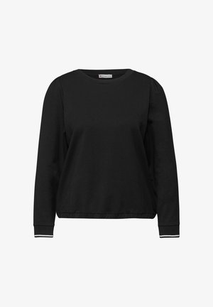 Sweat-shirt noir à manches longues en tissu doux. Comprend un col rond, des poignets ajustés avec des accents blancs et une coupe ample et décontractée.