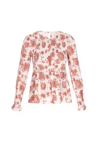 Blusa floreale leggera di colore rosa chiaro con motivi rossi, corpetto arricciato, maniche lunghe con polsini elasticizzati e un sottile design peplum.