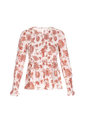 Blomstret let bluse i lys pink med røde mønstre, smocket bodice, lange ærmer med elastiske manchetter og subtil peplum-design.