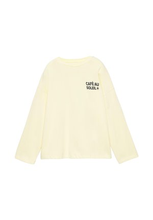 Jasnożółta koszula z długim rękawem, z okrągłym dekoltem oraz czarnym napisem "CAFÉ AU SOLEIL" na górnej lewej części piersi.