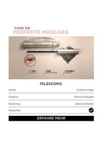 Mascara tube og wand med sorte børstestrøg, nærbillede af øje der viser længere øjenvipper; har ekstrem længde, klumper ikke, fleksibel børste og er vandtæt.