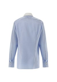 Himmelblaues Langarmhemd mit klassischem Kragen, knöpfbaren Manschetten und glatter Textur, mit einfarbigem Muster und taillierter Passform.