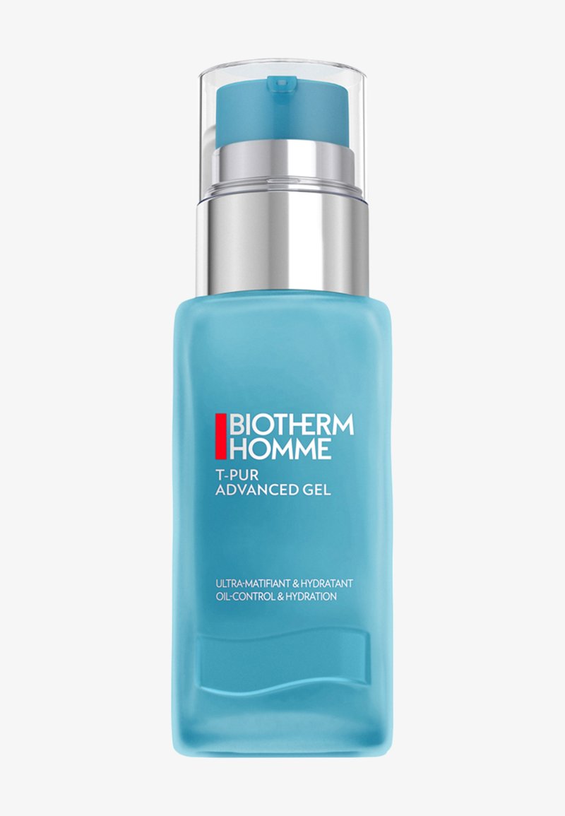 Flacone con pompa blu di Biotherm Homme T-Pur Advanced Gel per il controllo del sebo e l’idratazione, con tappo in plastica argento e trasparente.