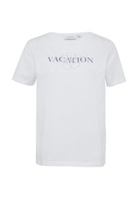 T-shirt en coton blanc avec un col rond, des manches courtes et un graphique "VACANCES" orné d'un motif floral en détails violets et argentés.