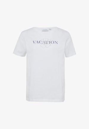 T-shirt en coton blanc avec un col rond, des manches courtes et un graphique "VACANCES" orné d'un motif floral en détails violets et argentés.