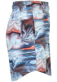 Tejido colorido y veteado en azul, rojo y blanco. Presenta una cinturilla elástica y una abertura lateral, con una textura suave y un diseño ligero.