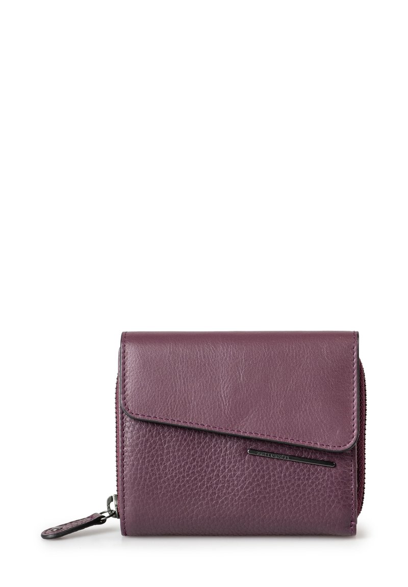 Portafoglio in pelle viola con una finitura testurizzata, dotato di un flap pieghevole e chiusura a zip. Include un elegante dettaglio in metallo.