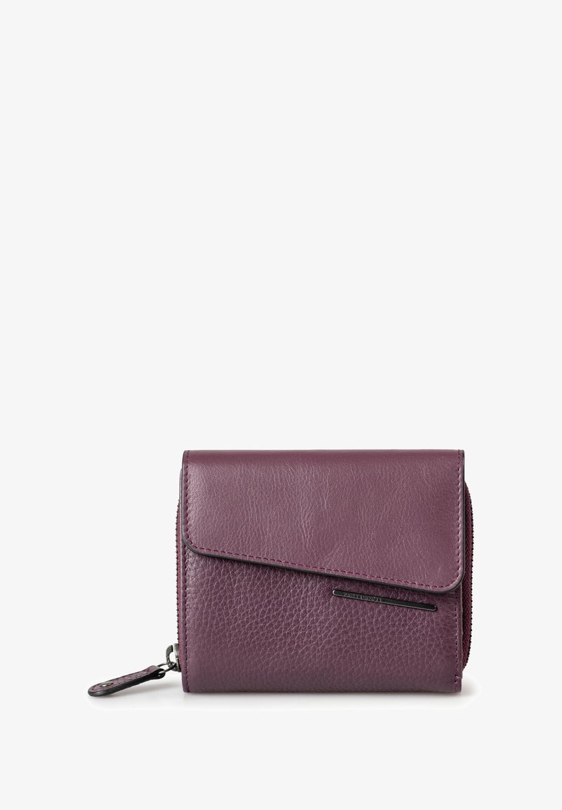 Paarse leren portemonnee met een gestructureerde afwerking, voorzien van een vouwflap en een ritsafsluiting. Inclusief een elegante metalen accentdetail.