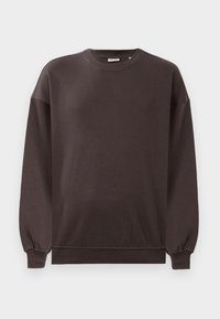 Dark brown crew neck sweatshirt with long sleeves, ribbed cuffs, and hem, displayed on a plain light background.