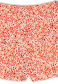 Shorts floreali in un tessuto morbido e leggero, caratterizzati da un motivo floreale rosa e arancione su uno sfondo beige chiaro. Orlo arrotondato.