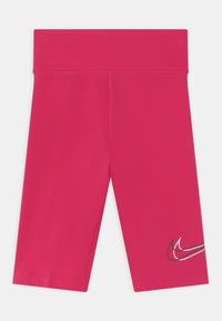 Pantaloni sportivi rosa con vita alta, realizzati in tessuto elasticizzato, dotati di un logo Nike nero sulla gamba destra e con un design semplice.