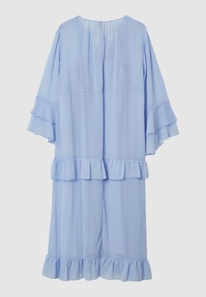 Hellblaues Kleid mit Rüschensäumen an den Ärmeln und am Saum. Hergestellt aus leichtem Stoff. Verfügt über eine lockere Passform und einen runden Ausschnitt mit einem Schlüssellochverschluss hinten.