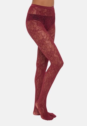 Burgundy lace tights featuring a floral pattern, sheer texture, and a wide waistband, designed to fit closely along the legs and feet.