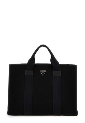 Sort rektangulær shopper taske med to håndtag og en lille trekantet GUESS-logo foran i midten.