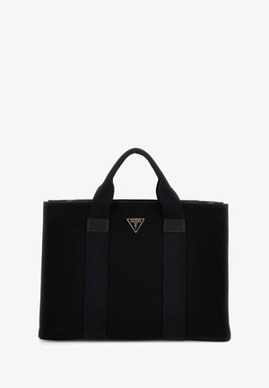 Sort rektangulær shopper taske med to håndtag og en lille trekantet GUESS-logo foran i midten.