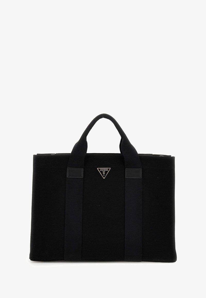 Sac cabas rectangulaire noir avec deux poignées et un petit logo GUESS triangulaire au centre devant.