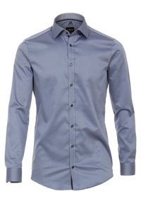 Chemise bleue à manches longues en tissu lisse. Comprend un col classique, une patte de boutonnage à l'avant, et un col intérieur contrastant à motifs.