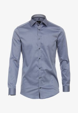 Blaues Langarmshirt aus glattem Stoff. Verfügt über einen klassischen Kragen, eine Knopfleiste vorne und einen kontrastierenden gemusterten inneren Kragen.
