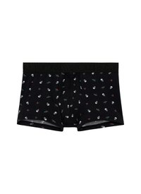 Caleçons noirs en coton, ornés d'un motif de petits crânes blancs et de roses rouges. Taille élastique avec marquage en noir.