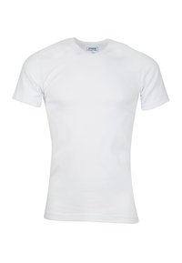 T-shirt en coton blanc à manches courtes, col rond et coupe droite. Aucun motif ni accent visible.