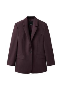 Bordowa marynarka wykonana z tkaniny o fakturze, z klapą z wcięciem, jednorzędowym zapięciem na guzik i dwoma przednimi kieszeniami.