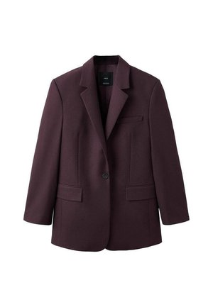 Weinroter Blazer aus strukturiertem Stoff, mit Reverskragen, Ein-Knopf-Verschluss und zwei Fronttaschen.