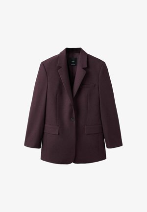 Weinroter Blazer aus strukturiertem Stoff, mit Reverskragen, Ein-Knopf-Verschluss und zwei Fronttaschen.