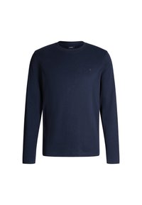 Marineblaues Langarm-T-Shirt aus weichem Baumwollstoff, mit Rundhalsausschnitt und kleinem gesticktem Logo auf der linken Brust.