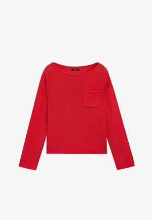 Maglione lungo a maniche lunghe rosso lavorato a maglia con scollo rotondo e una piccola tasca quadrata sul petto sinistro.