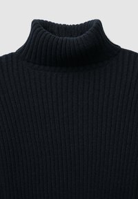 Maglione a collo alto a coste in blu scuro. Realizzato in tessuto morbido con un colletto alto e una sottile trama verticale. Design leggero e aderente.