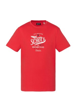 Rotes T-Shirt mit kurzen Ärmeln, weißem "Schott Motorcycles" Logo und den Aufschriften "Road Warriors", "New York", "Est. 1913" und "Freedom" auf der Vorderseite.