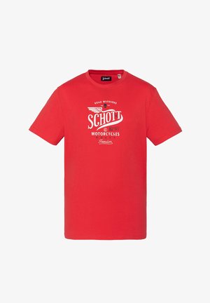 Rotes T-Shirt mit kurzen Ärmeln, weißem "Schott Motorcycles" Logo und den Aufschriften "Road Warriors", "New York", "Est. 1913" und "Freedom" auf der Vorderseite.