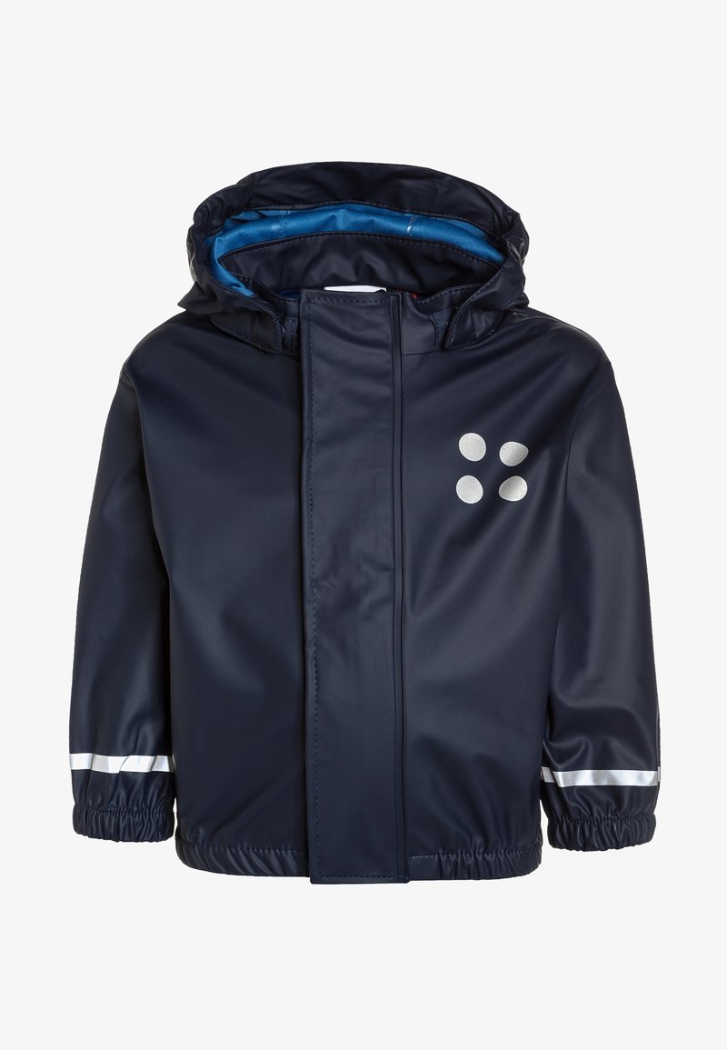 Dark blue waterproof children's jacket with hood, elastic cuffs with reflective stripes, and four reflective dots on the chest.