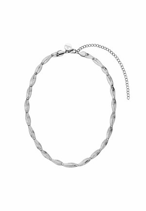 Silberne Metallkettenschmuck mit verbundenen ovalen Formen, strukturierter Oberfläche und einem kleinen verstellbaren Verschluss mit Kettenverlängerung.