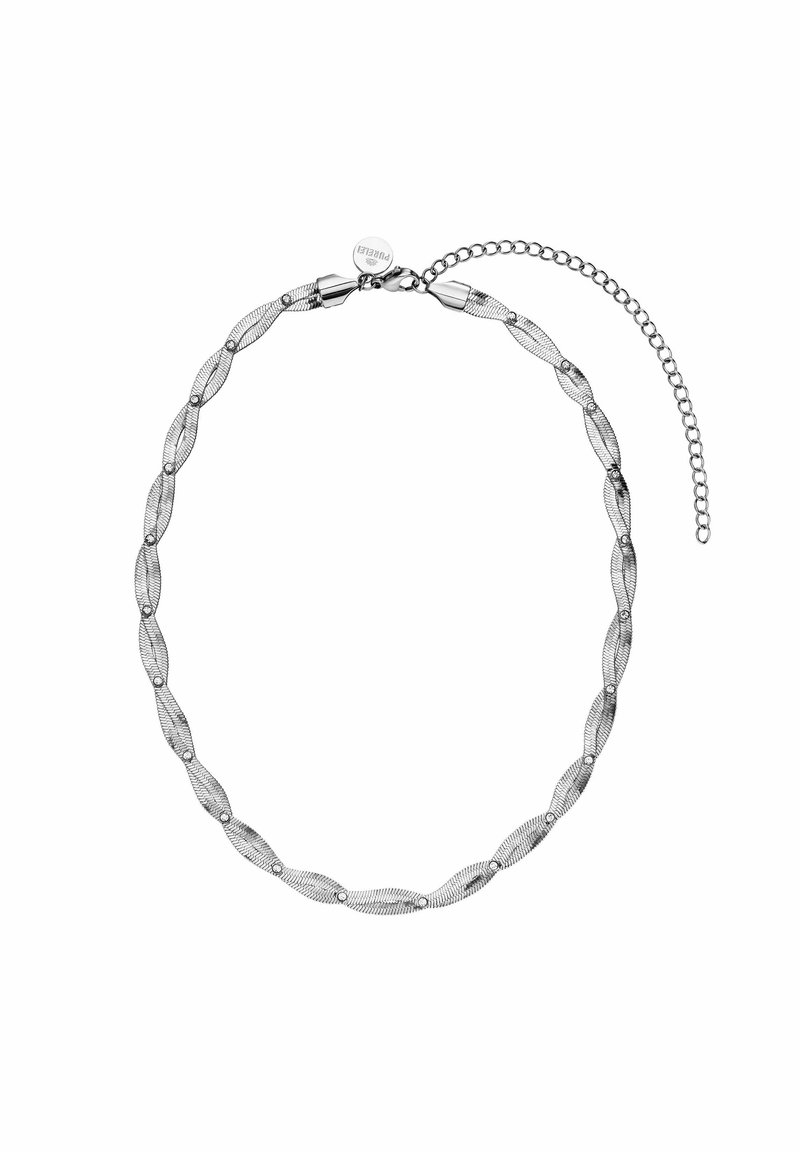 Zilveren metalen ketting met een schakelsysteem van ovale vormen, een gestructureerde afwerking en een kleine verstelbare sluiting met een kettingverlenging.