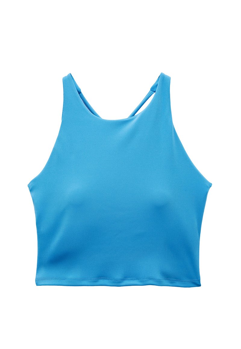 Blå ærmeløs crop top med høj halsudskæring og tynde stropper, der krydses på ryggen, lavet af glat stof.