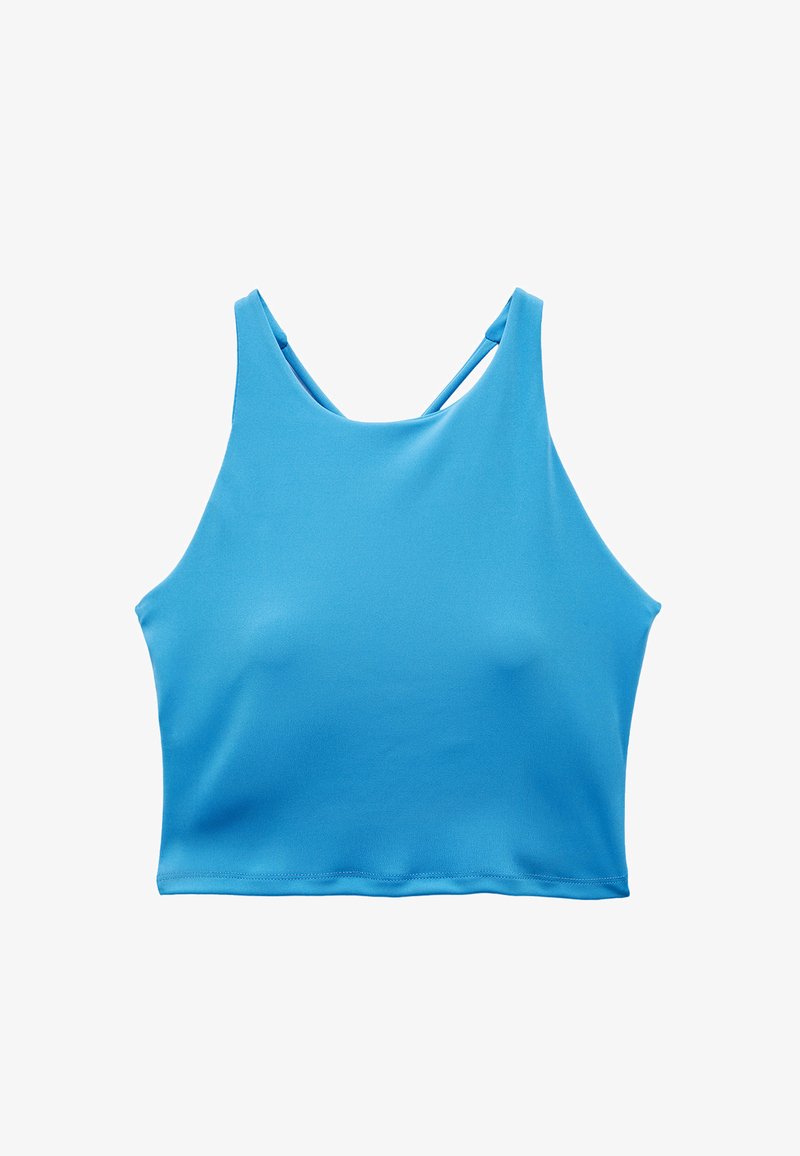 Blauwe mouwloze crop top met een hoge halslijn en dunne bandjes die op de rug elkaar kruisen, gemaakt van een gladde stof.