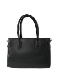 Sac fourre-tout en cuir noir avec une finition texturée, forme rectangulaire, double poignée et un accent de quincaillerie dorée sur le côté.